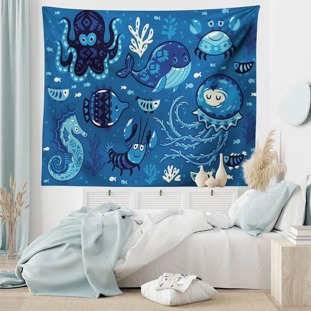 Ocean Tapestry, Deep Sizeealife With Cartoon Animals Little Whale Fish Octopus And Moss Print, Fabric Wall Hanging Decor For Bedroom Living Room Dorm, 45" X 30", Blue