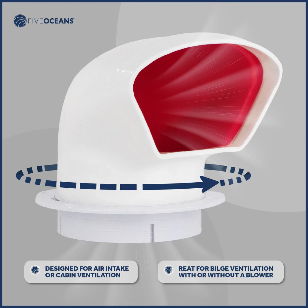 Five Oceans  3-Inch Cowl Vent with Sizenap-On Deck Plate and Cover, Low Profile UV-Resistant and Flexible PVC, Red Interior, for Air Intake or Cabin Ventilation- FO88