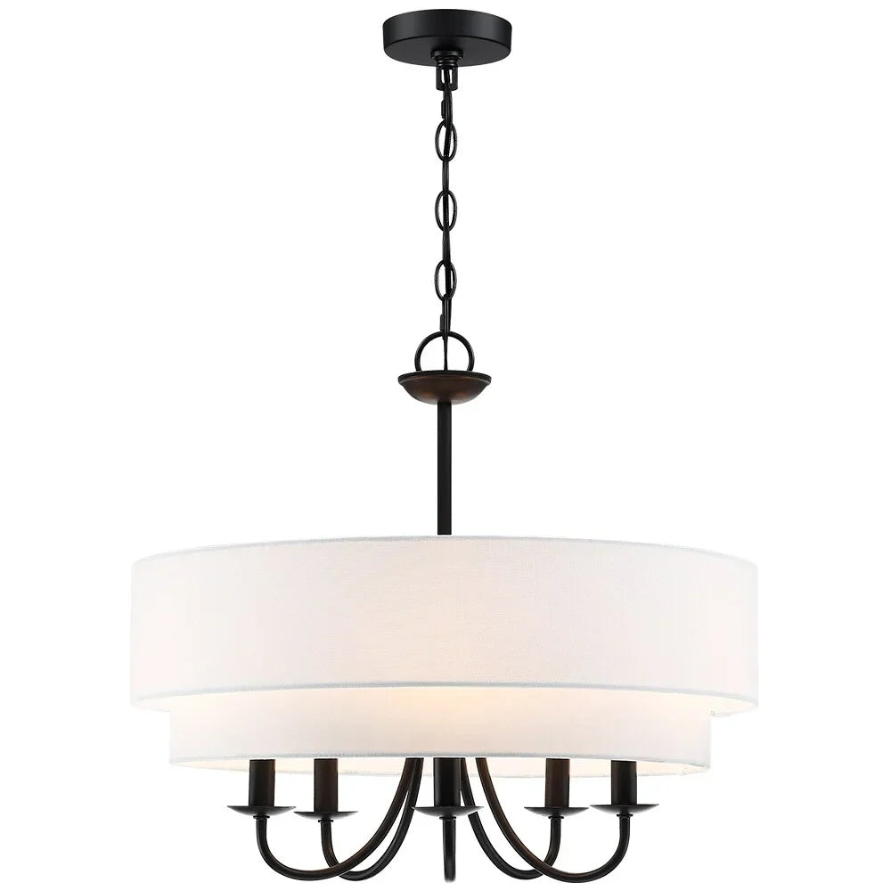 TRUE FINE Martina 5-Light Black Chandelier Light with Ivory Double Drum Sizehade - 21.5"W