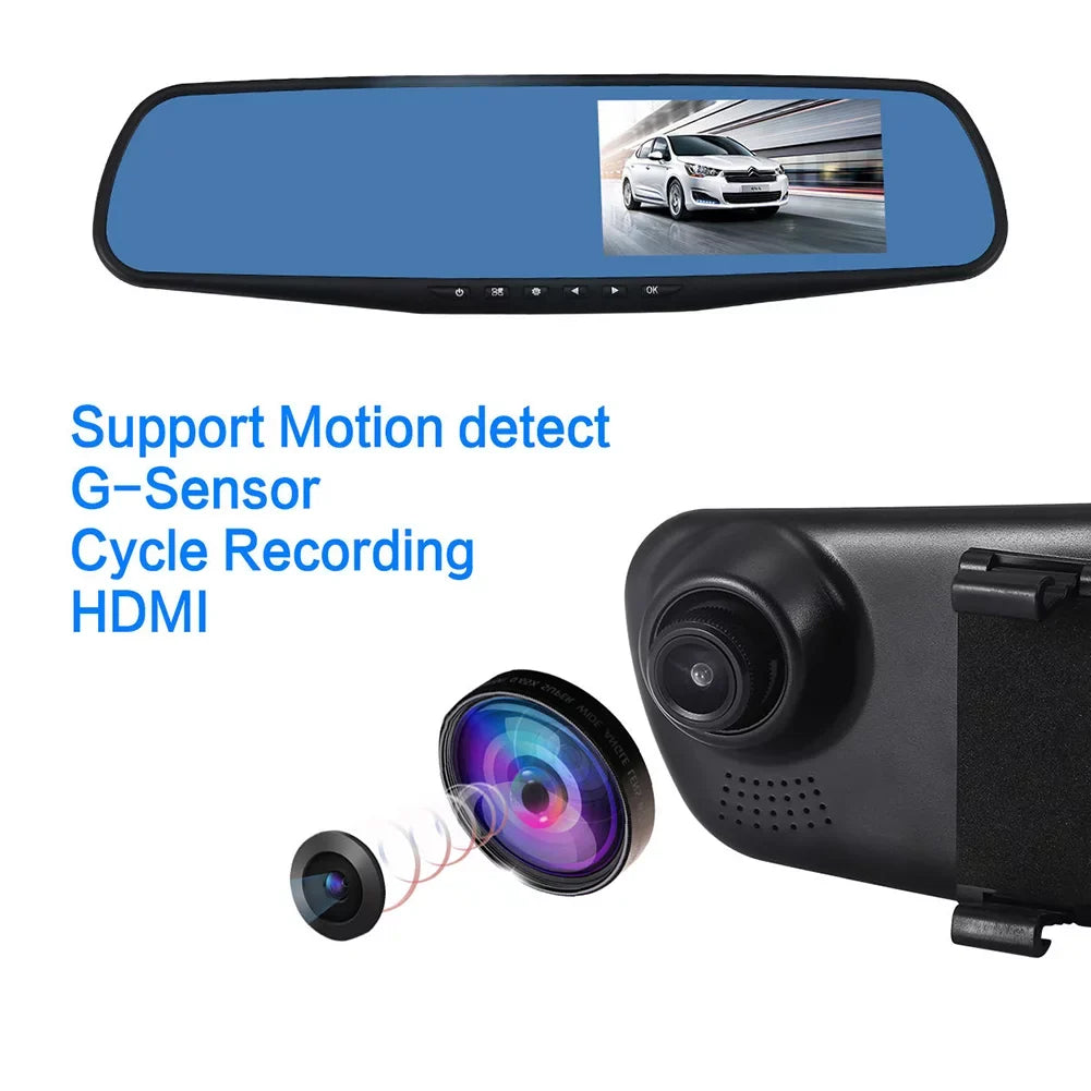 12V 1080P HD 4.3" LCD Display Ultra Wide Angle Front Rear Camera dual recording Driving recorder on Rear view Mirror