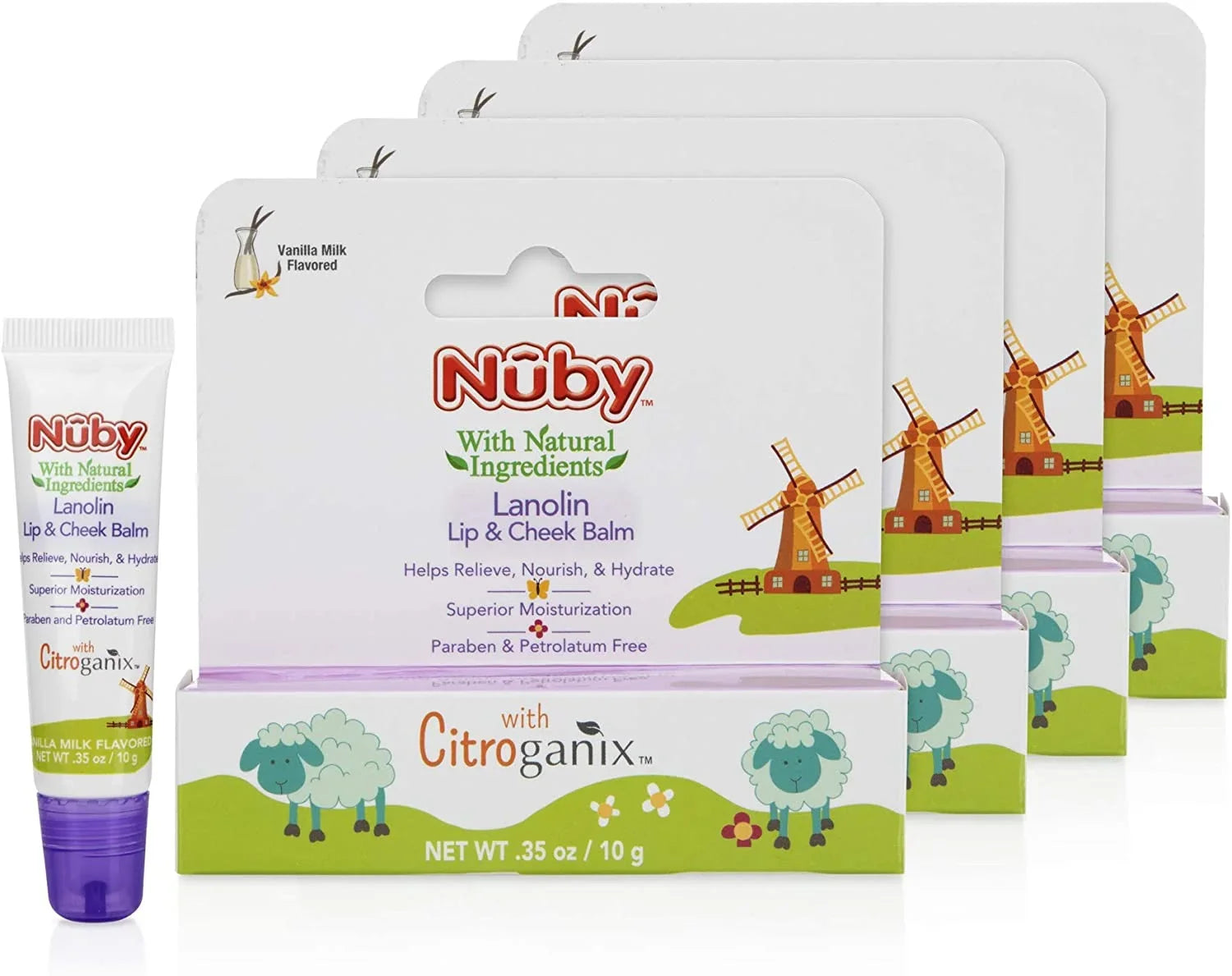 Dr. Talbot's Lanolin Lip & Cheek Balm for Baby, Naturally Inspired with Citroganix, Nuby, Vanilla Milk Flavor, 4 Pack