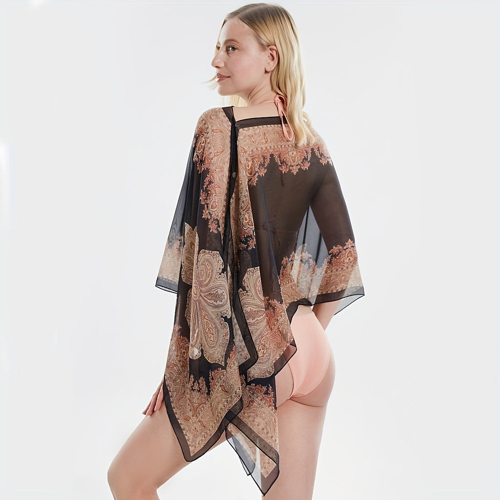 Jkzcp  Fashionable Sizeun Protection  Vintage Paisley Print Sizehawl Bikini Cover Up With Button