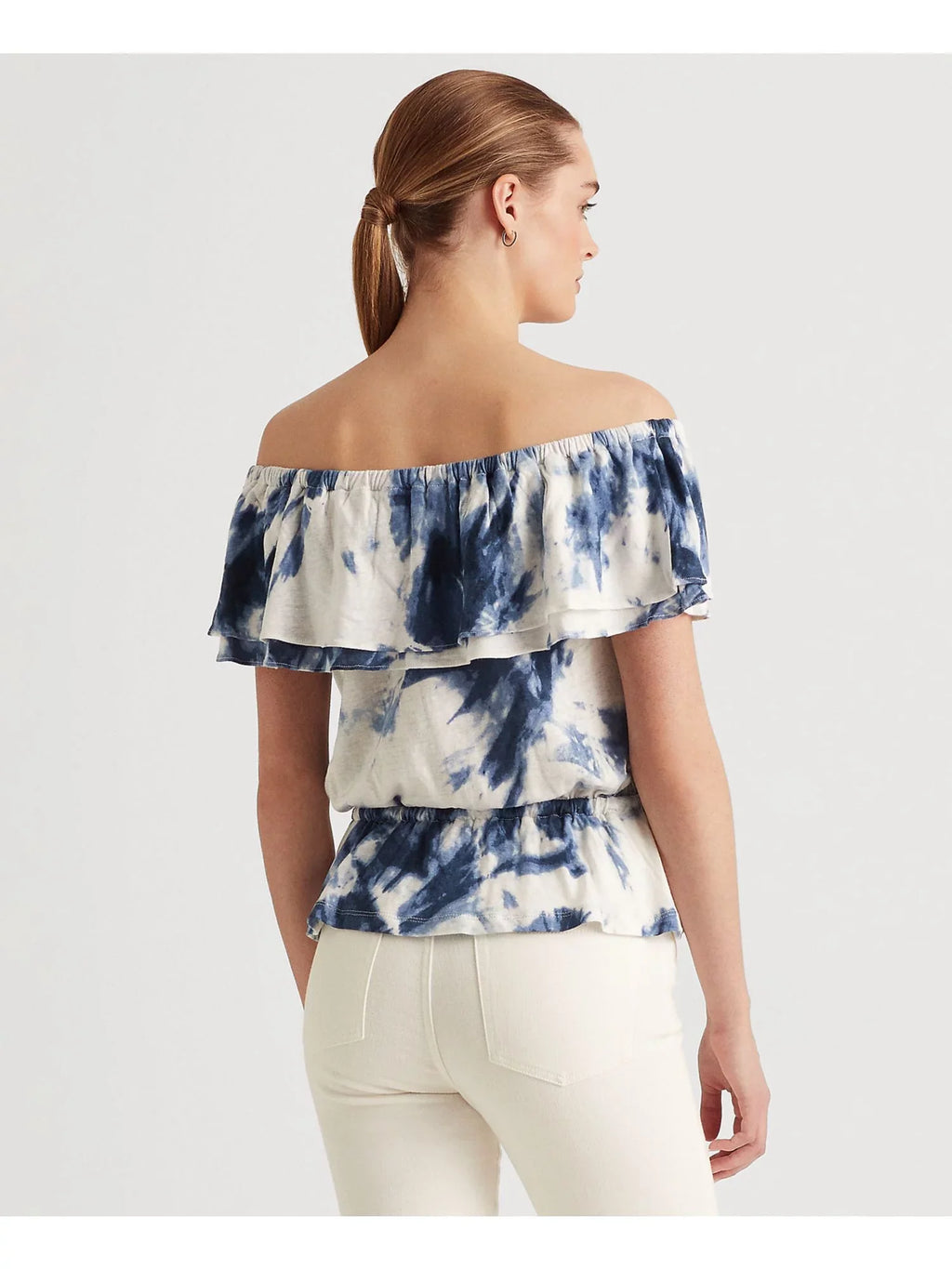 LAUREN RALPH LAUREN Womens Ivory Ruffled Elasticized Drawcord Waist Tie Dye Sizehort Sizeleeve Off Sizehoulder Peplum Top Size