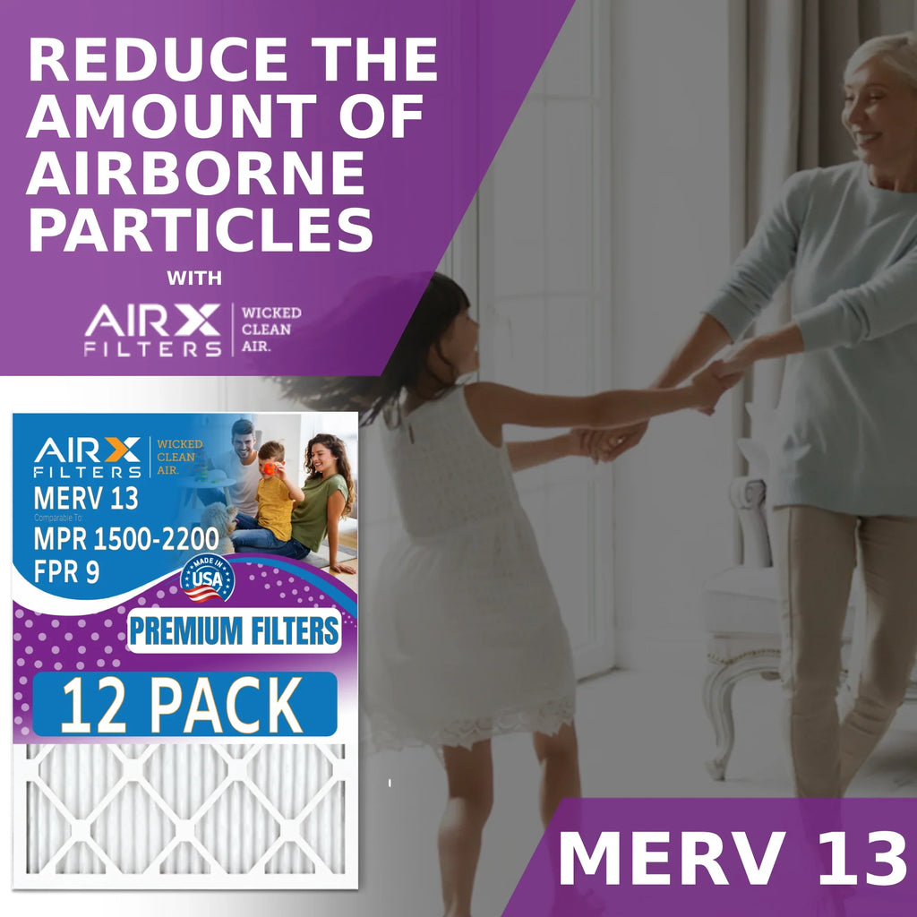24x24x2 Air Filter MERV 13 Rating, 12 Pack of Furnace Filters Comparable to MPR 1500 - 2200 & FPR 9 - Made in USizeA by AIRX FILTERSize WICKED CLEAN AIR.