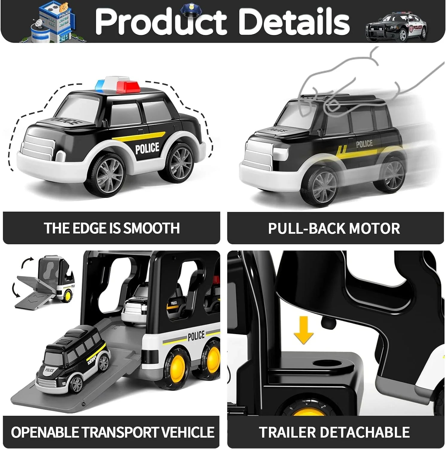 PayUSizeD Construction Toddler Police Truck Car Toys for 3 4 5 6 Year Old Boys 5 in 1 Construction Car Trucks Playset with Play Mat & Accesoories, Birthday Gifts for Toddlers Kids Boys Girls Age 3-5