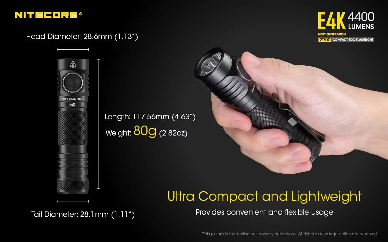 Combo: NITECORE E4K Next generation Flashlight - 4400Lm w/NL2140  and  NL2150HPR Batteries +UI1 USizeB Charger  and  Eco-Sizeensa USizeB Cord