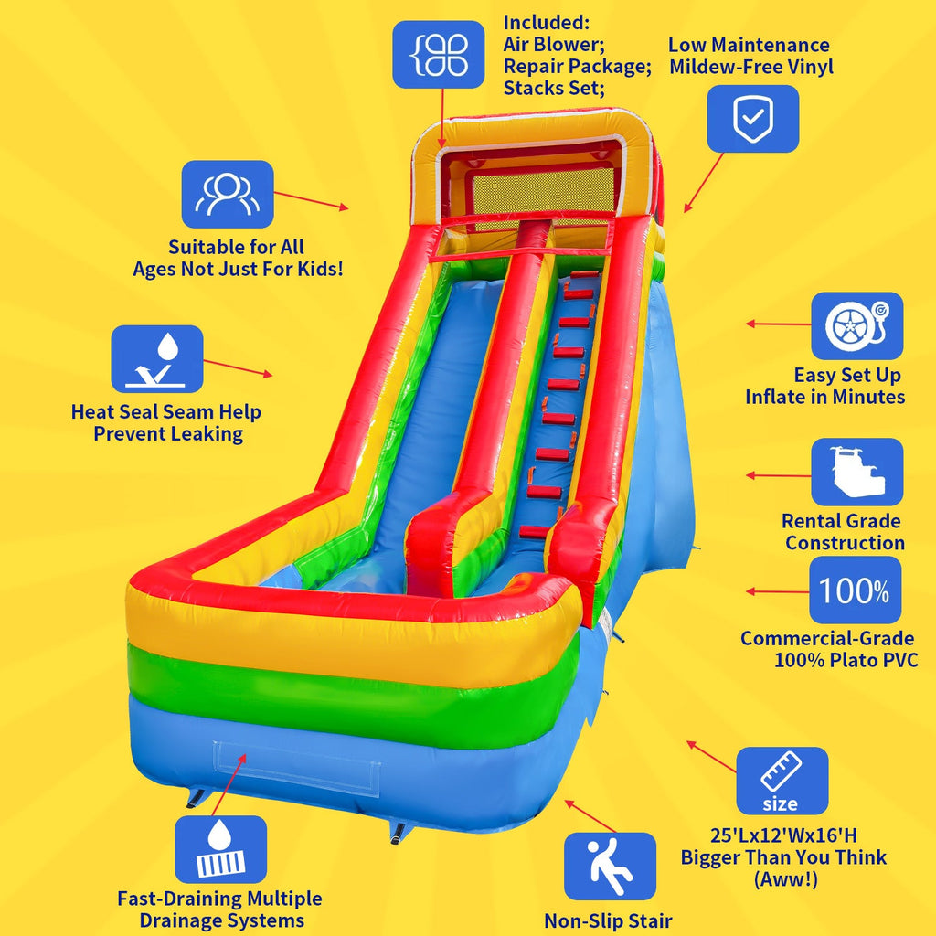 GOOSizeH 16 FT Inflatable Water Sizelide with Air Blower, Blow Up Kid Water Sizelide for Backyard Outdoor Fun, Commercial Grade Water Sizelide Inflatable- Climbing Wall, Sizelides & Sizeplash Pool