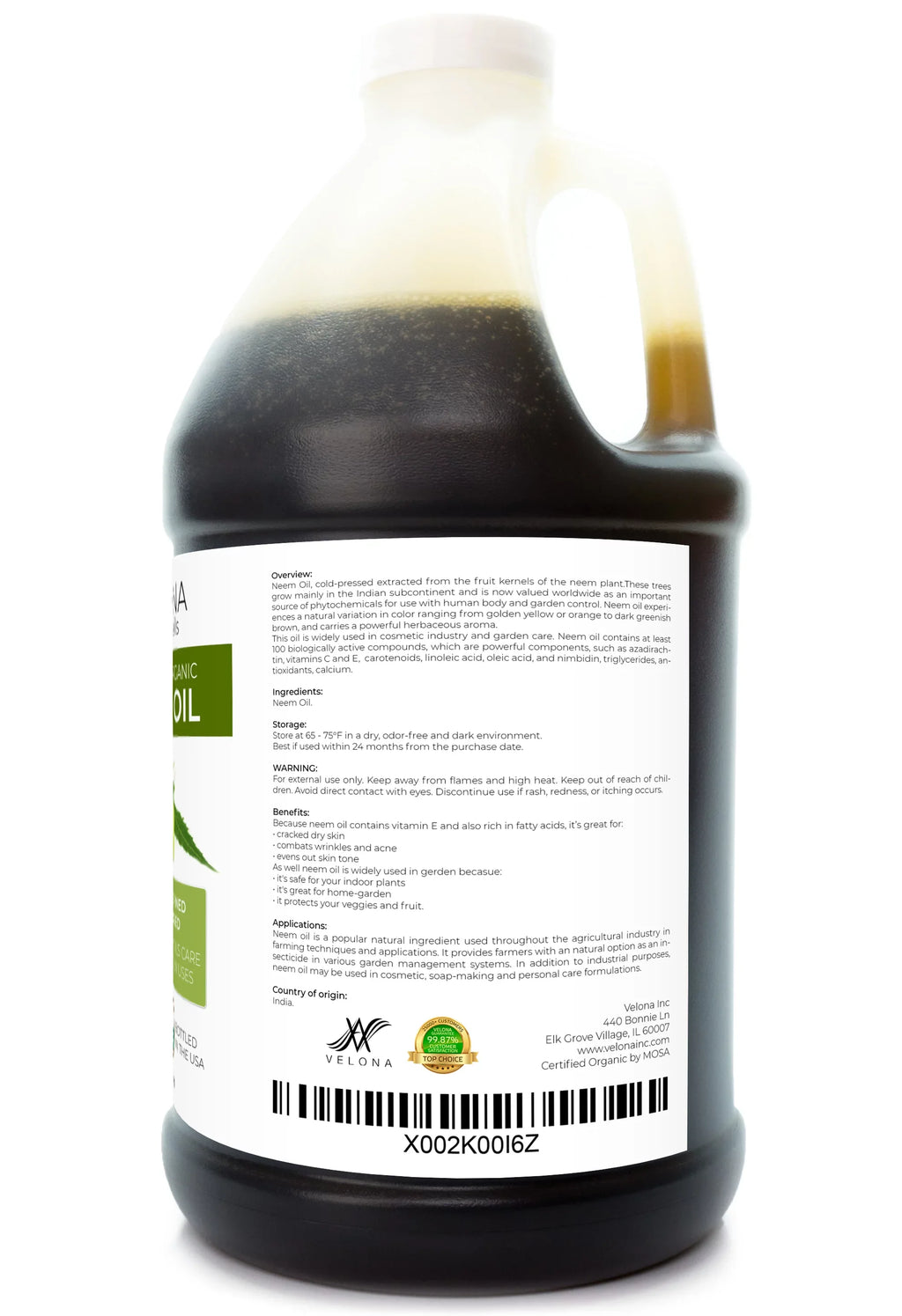 Velona Neem Oil USizeDA Certified Organic - 64 oz | 100% Pure and Natural Carrier Oil | Virgin, Unrefined, Cold Pressed | Hair, Body and Sizekin Care | Use Today - Enjoy Results