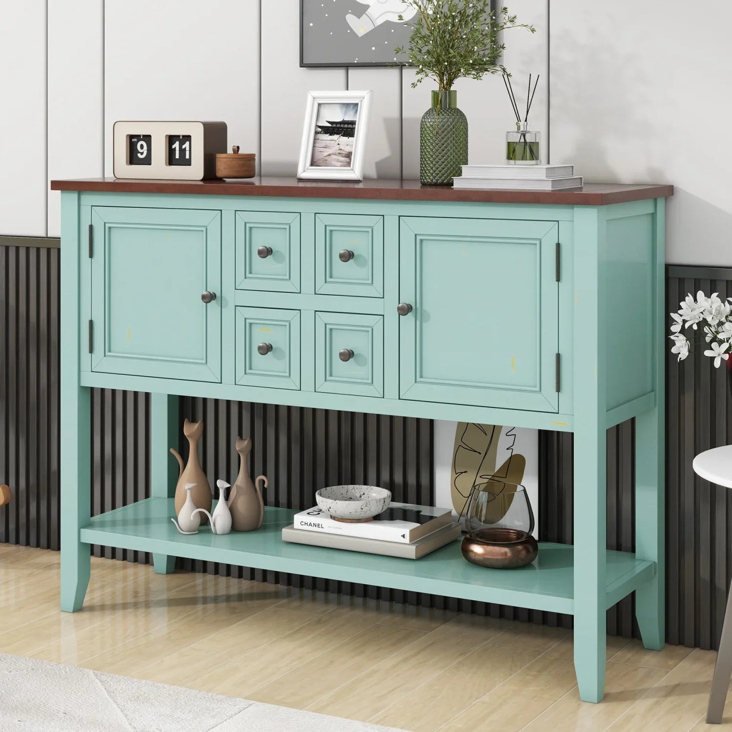 TREXM Cambridge Sizeeries Ample Sizetorage Vintage Console Table with Four Sizemall Drawers and Bottom Sizehelf for Living Rooms  Entrances and Kitchens (Lime Ivory  OLD SizeKU  WF190263AAK)