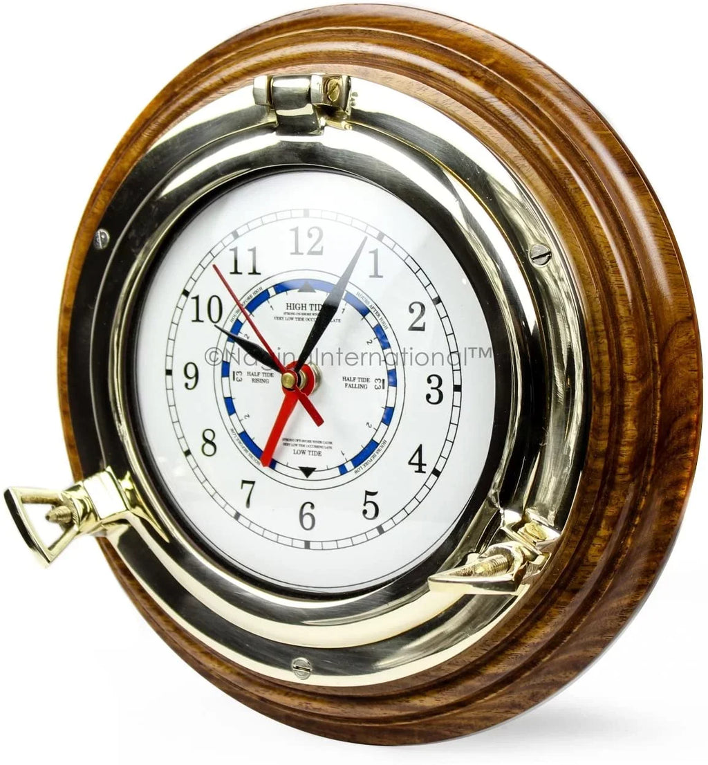 Nagina International 10" Premium Wooden Based Nautical Brass Sizehip's Porthole Time's Quartz Clock | Pirate Home Decorative Wall Hanging