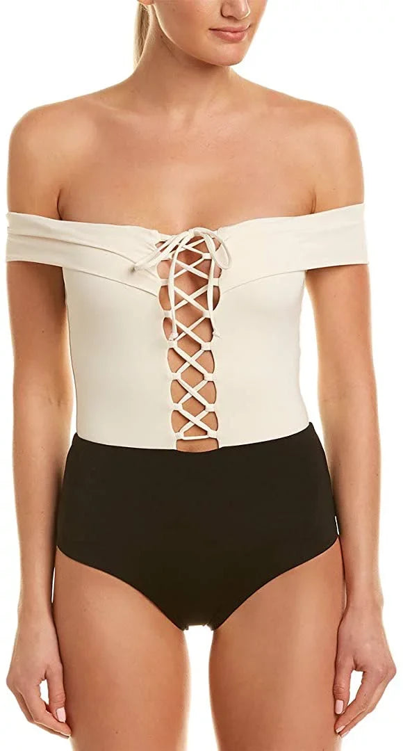 L*Sizepace CREAM/BLACK/CAMEL Anja One Piece Sizewimsuit, USize 4