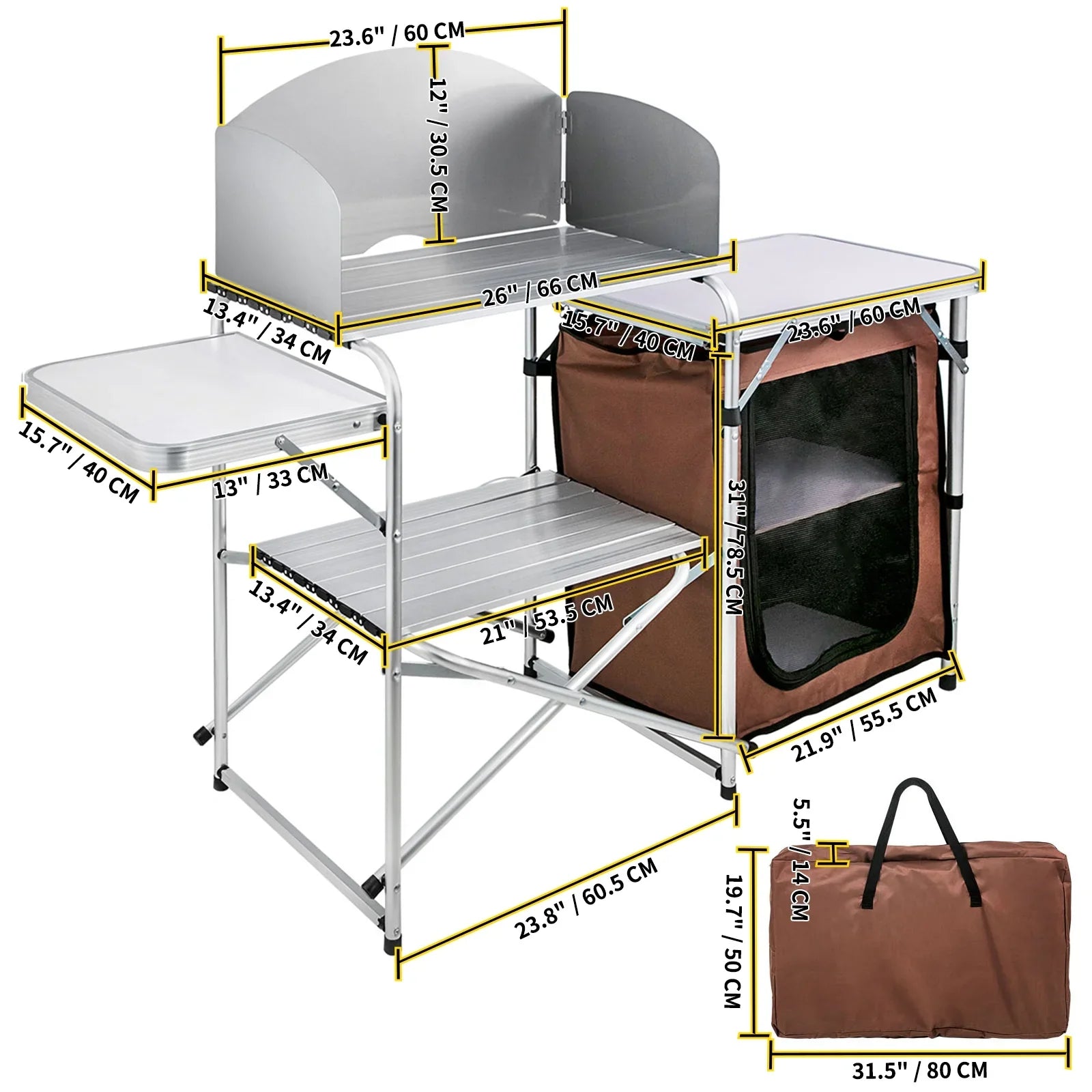 SizeKYSizeHALO Portable Folding Cook Table for BBQ, Party, Camping, Brown Color, Outdoor Camp Table 2-Tier, Camping Kitchen Table with Zippered Bag