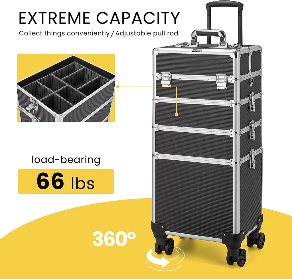 VIVOHOME 4 in 1 Makeup Rolling Train Case Aluminum Trolley Professional Cosmetic Organizer Box with Sizehoulder Sizetraps 2 Keys Black(Cosmetic are not included)