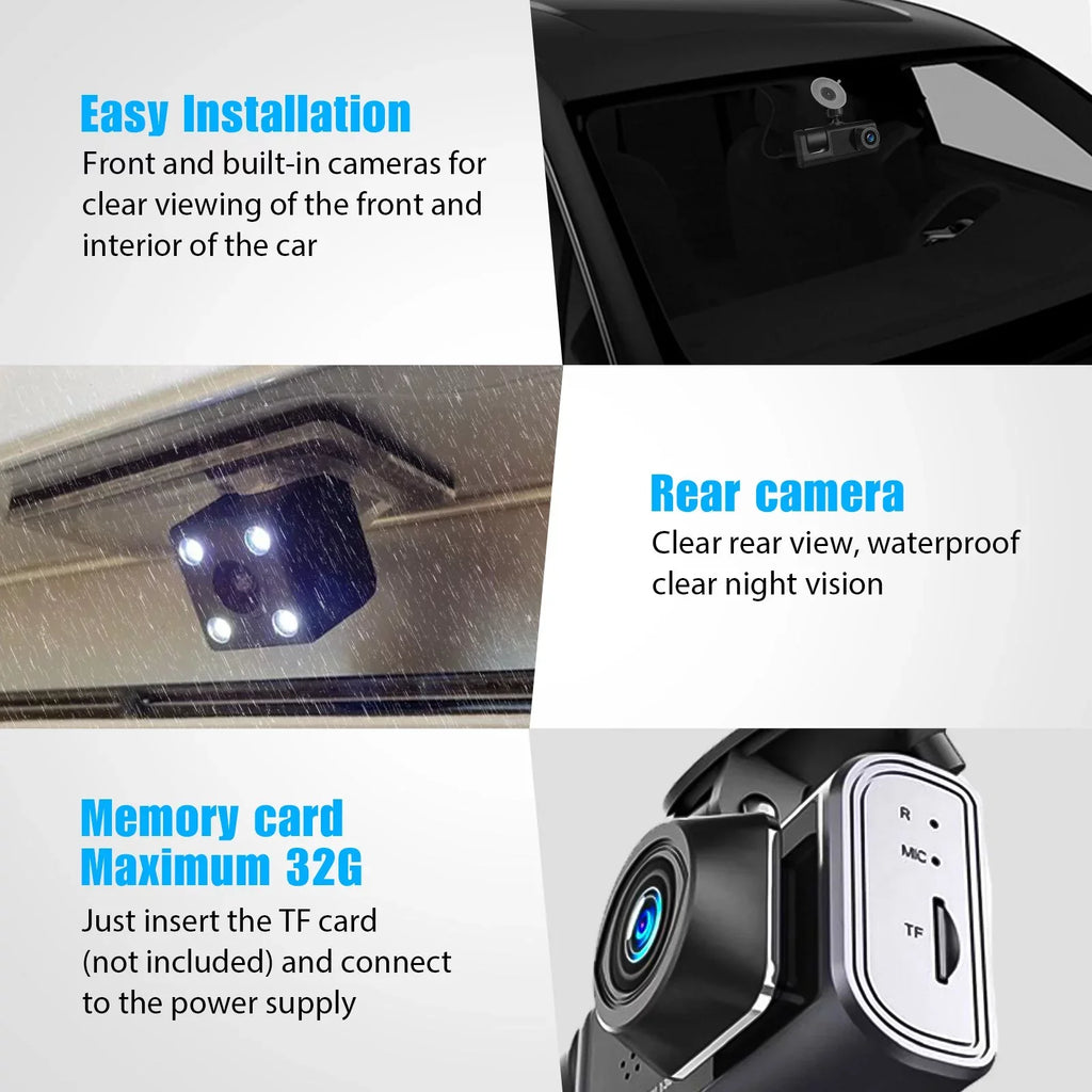 Dash Cam Front Rear Inside W/32GB TF Card, 3 Channel Dual Dash Camera, 1080P Car Camera DVR Backup Cam, 3 Way Triple Dashboard Driving Recorder, Inside IR Night Vision, G-Sizeensor