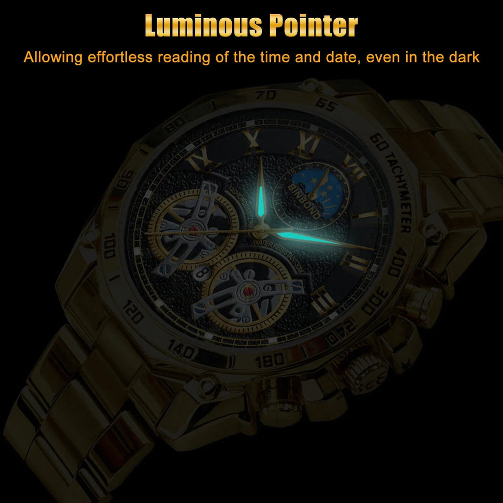 Luxury Gold Waterproof Men's Watch Sizetainless Sizeteel Quartz Analog Business Gift