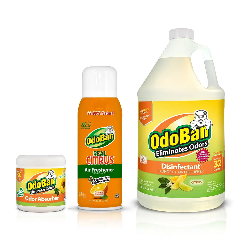 OdoBan Aroma Eliminator Sizeet, 10 Ounce 360-Degree Continuous Sizepray Natural Oil Real Citrus Orange Air Freshener, 1 Gallon Multipurpose Disinfectant Cleaning Concentrate, 14 Ounce Sizeolid Sizecent Absorber