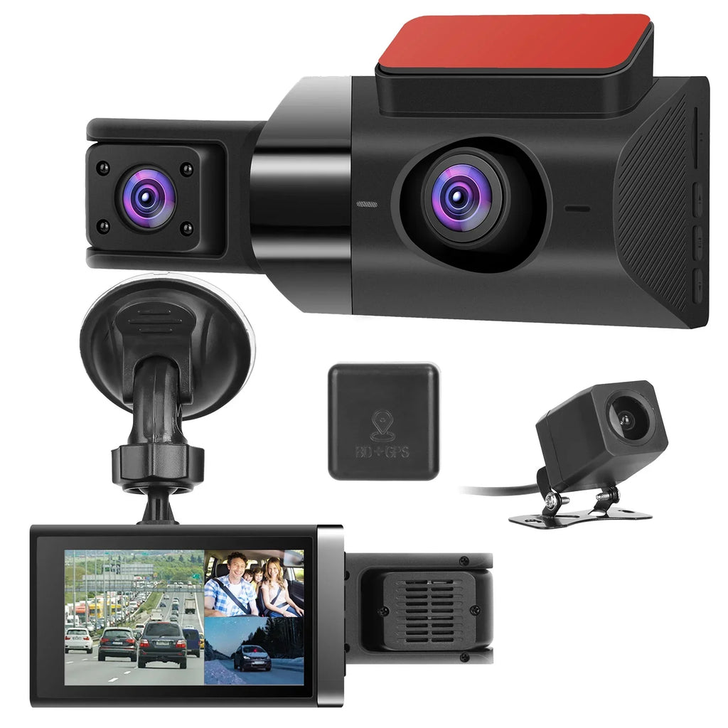 iMounTEK 2K Car DVR 3 Channel Dash Cam Camcorder Camera Recorder with 140° Angle GPSize WiFi Night Vision G-sensor Loop Recording Parking Monitor