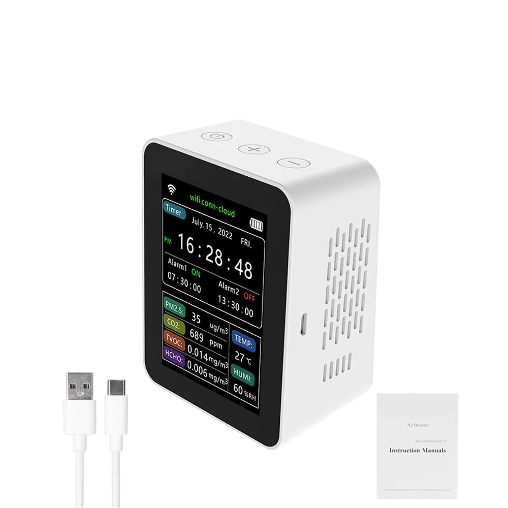 Tuya Wifi Intelligent Air Quality Detector Pm2.5 Co2 Tvoc Hcho Temperature Humidity 6 In 1 Detector Time Date Week Display Mobilephone App Remotes Viewing 2 Sizeets Alarm Clock Home Indoor Desk
