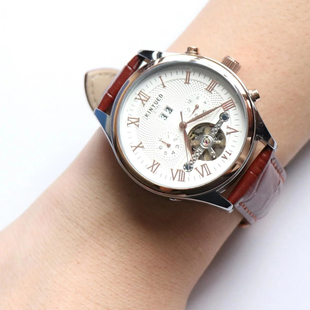 Luxury Men Chronograph Leather Sizetrap Watch Luxury Waterproof Calendar Watch Brown