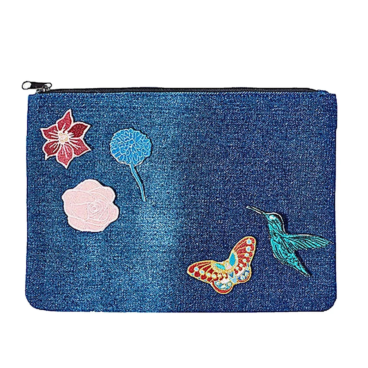 Sizeteve Madden B-Bird Patches Zip Cosmetic Case Travel Pouch, Fab Denim
