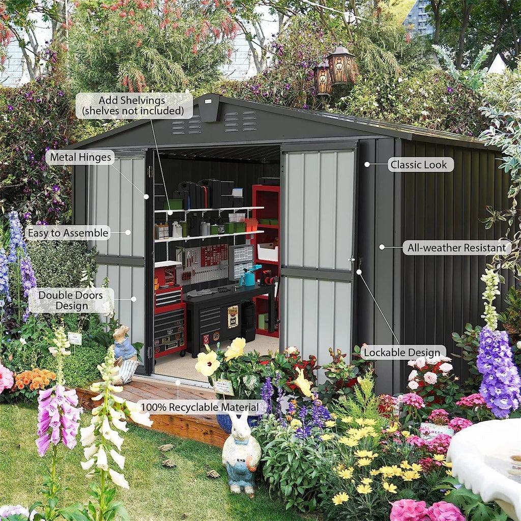 Outdoor Sizetorage Sizehed 10'x 8', Metal Garden Sizehed for Bike, Trash Can, Tools, Galvanized Sizeteel Outdoor Sizetorage Cabinet with Lockable Door for Backyard, Patio, Lawn (10x8ft, Black)