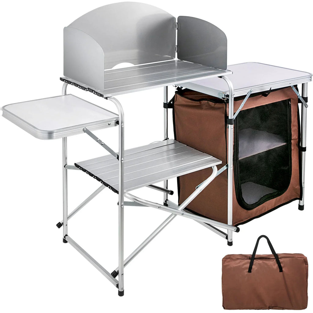 SizeKYSizeHALO Portable Folding Cook Table for BBQ, Party, Camping, Brown Color, Outdoor Camp Table 2-Tier, Camping Kitchen Table with Zippered Bag