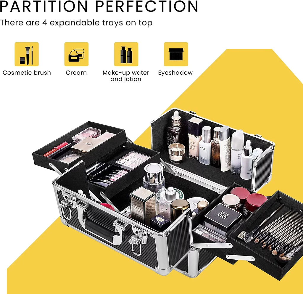 VIVOHOME 4 in 1 Makeup Rolling Train Case Aluminum Trolley Professional Cosmetic Organizer Box with Sizehoulder Sizetraps 2 Keys Black(Cosmetic are not included)