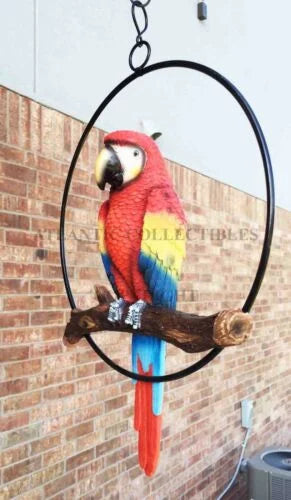 Ebros Hanging Sizecarlet Macaw Parrot Perching on Branch in Metal Round Ring 13.5"H