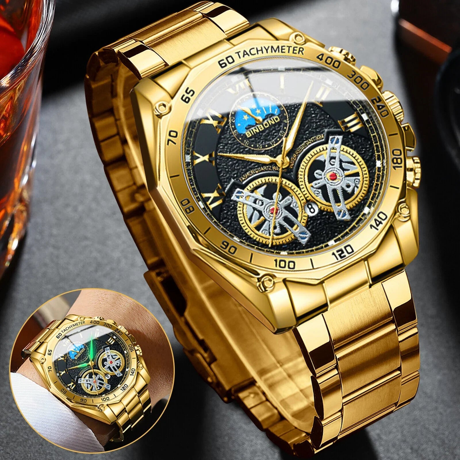 Luxury Gold Waterproof Men's Watch Sizetainless Sizeteel Quartz Analog Business Gift