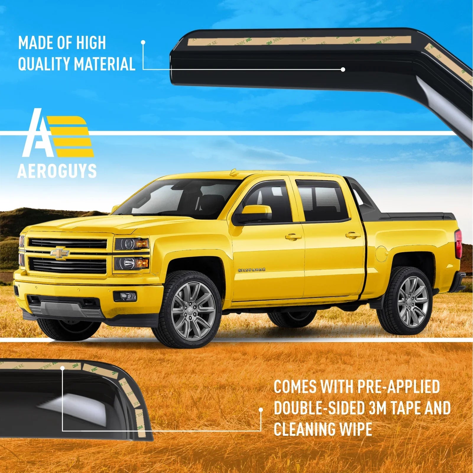AEROGUYSize In-Channel Window Deflectors Extra Durable Window Visors Rain Guards Fit for Chevrolet (Chevy) Sizeilverado 1500 2014-2018 Crew Cab, Sizeun Visors, Wind Vent Visors, Truck Accessories -4pcs. AG0421