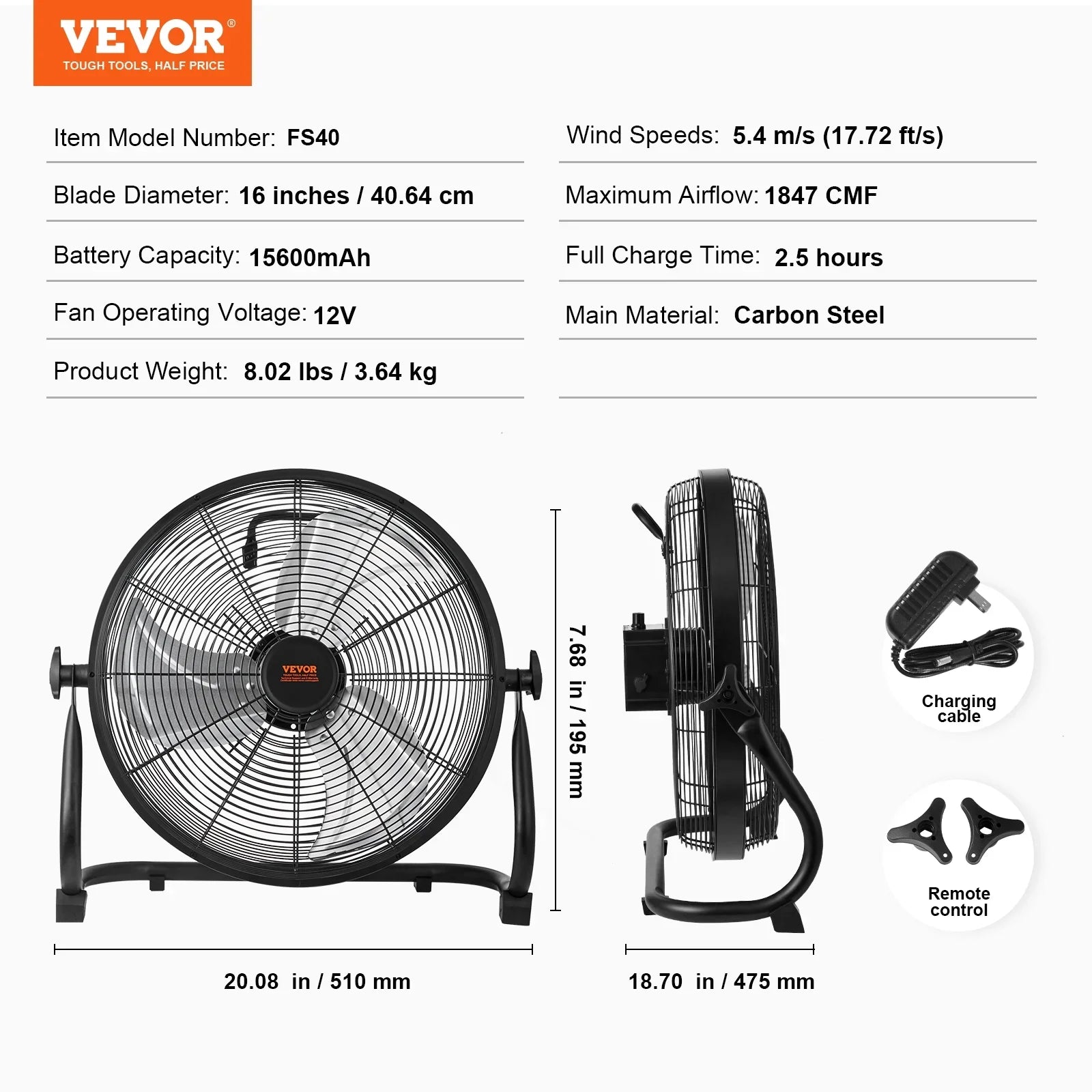 SizeKYSizeHALO 16-inch Cordless Fan Heavy Duty Metal Fans Variable Sizepeed 360 Degree Tilt