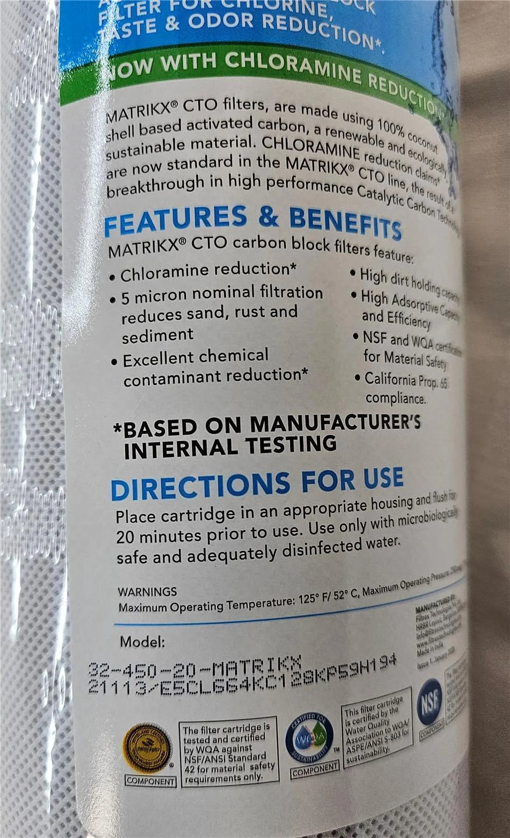 MatriKX (32-450-20-GREEN) 20"x4.5" CTO Carbon Block Chlorine Reduction 5 Micron Filter