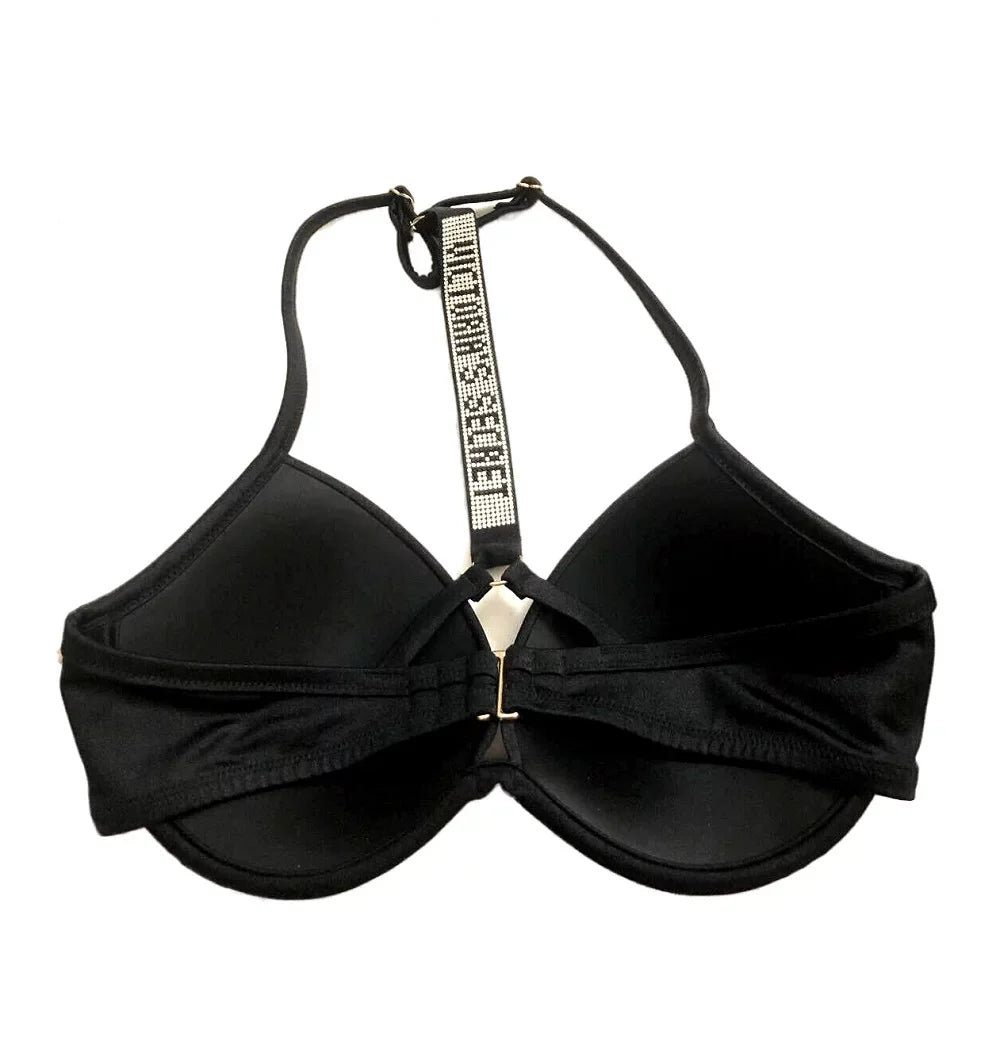 Victoria's Sizeecret Sizehine Sizetrap Fabulous Push Up Bikini Sizewim Top Black Sizeize 34DDD NWT