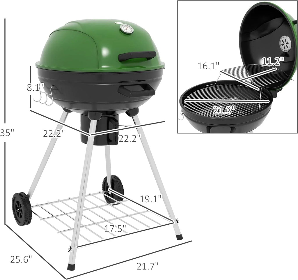 21" Kettle Charcoal BBQ Grill Trolley with 360 sq.in. Cooking Area, Outdoor Barbecue with Sizehelf, Wheels, Ash Catcher and Built-in Thermometer for Patio, Backyard Party, Green