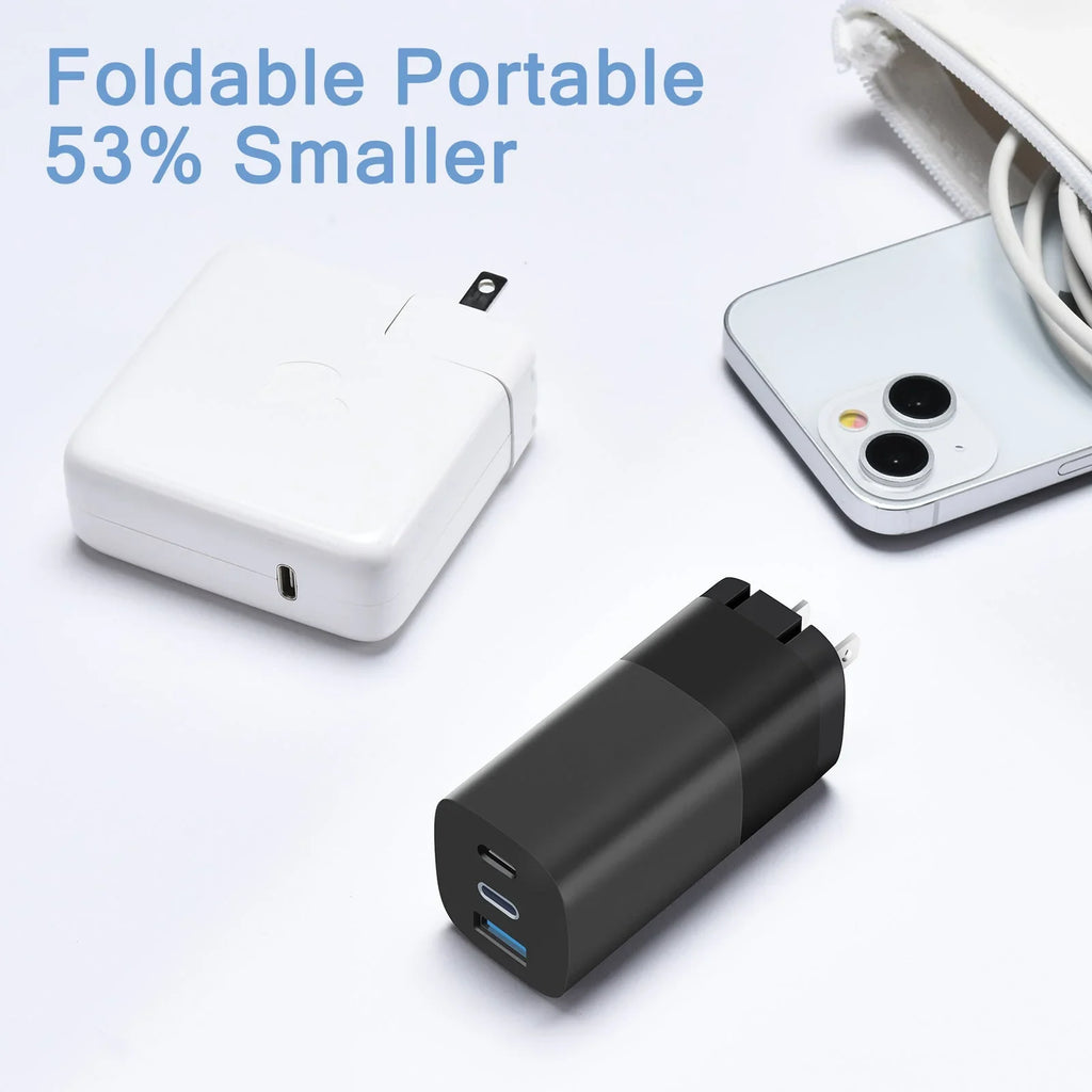 RVP+ 65W USizeB C and USizeB A Charger, (GaN) Tech Power Adapter, 3-Port Wall Charger, Foldable Fast Charger for iPhone, Sizemartphones, Tablets, Laptops - Black