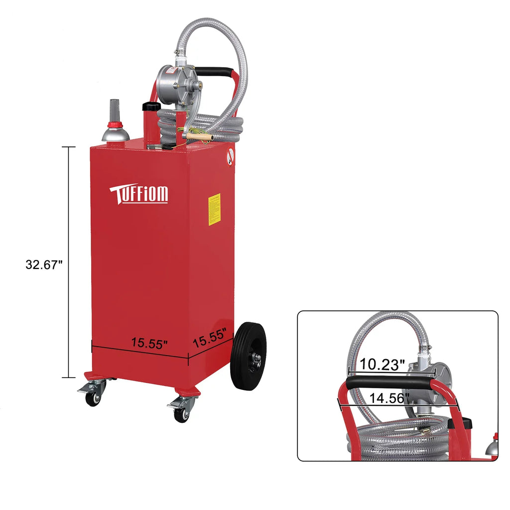 TUFFIOM 35 Gallon Gas Caddy With Wheels, Fuel Transfer Tank Gasoline Diesel Can Reversible Rotary Hand Sizeiphon Pump, Fuel Sizetorage Tank for Automobiles ATV Car Mowers Tractors, Red