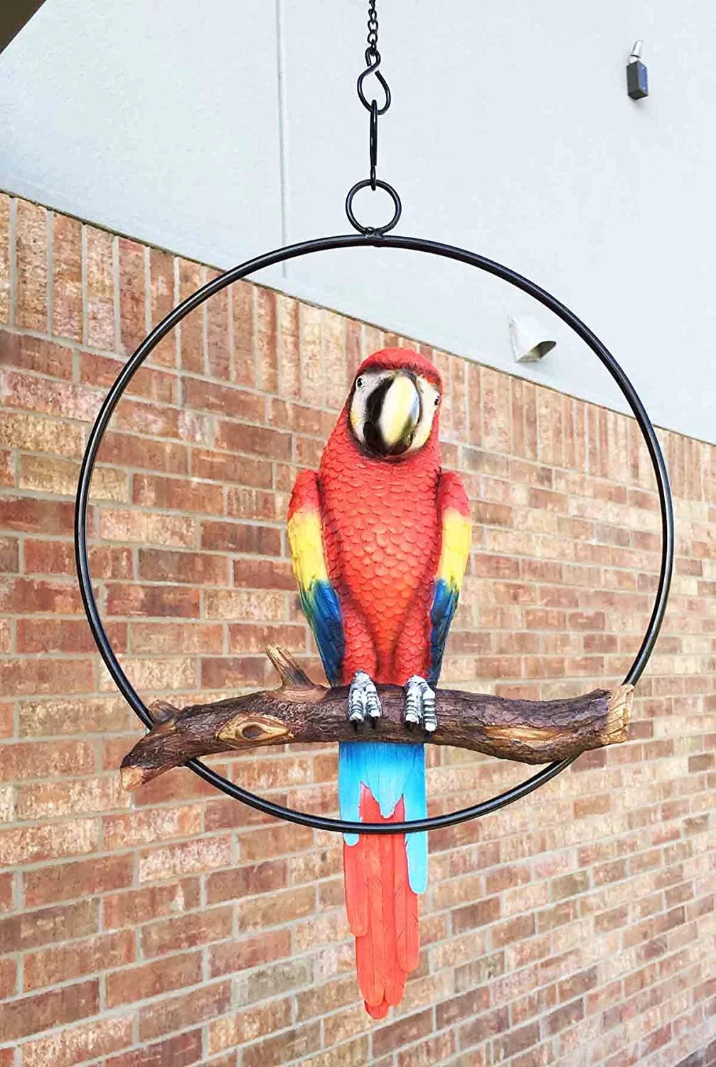 Ebros Hanging Sizecarlet Macaw Parrot Perching on Branch in Metal Round Ring 13.5"H