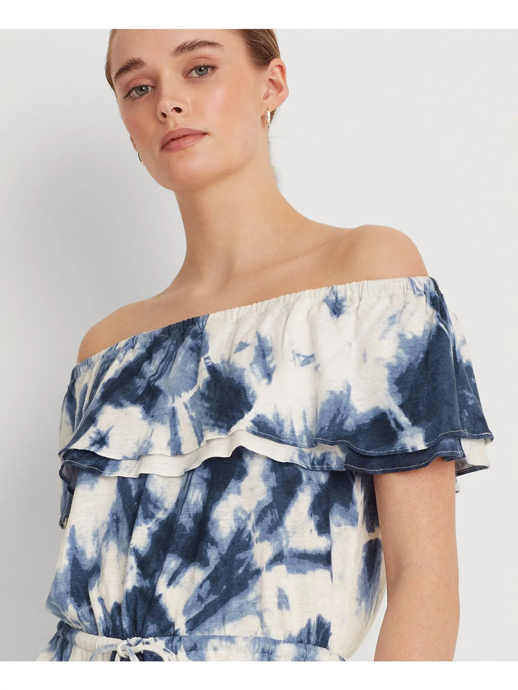 LAUREN RALPH LAUREN Womens Ivory Ruffled Elasticized Drawcord Waist Tie Dye Sizehort Sizeleeve Off Sizehoulder Peplum Top Size