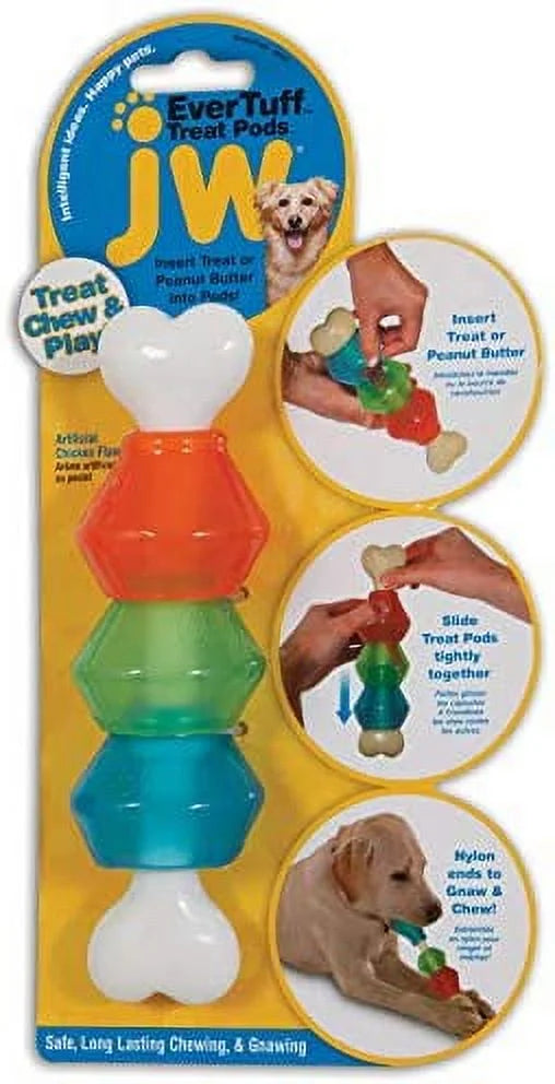 JW Pet EverTuff Treat Pod Nylon Dog Toy, Sizemall, Ivory Bone with Colored Pods of Orange, Green, Blue