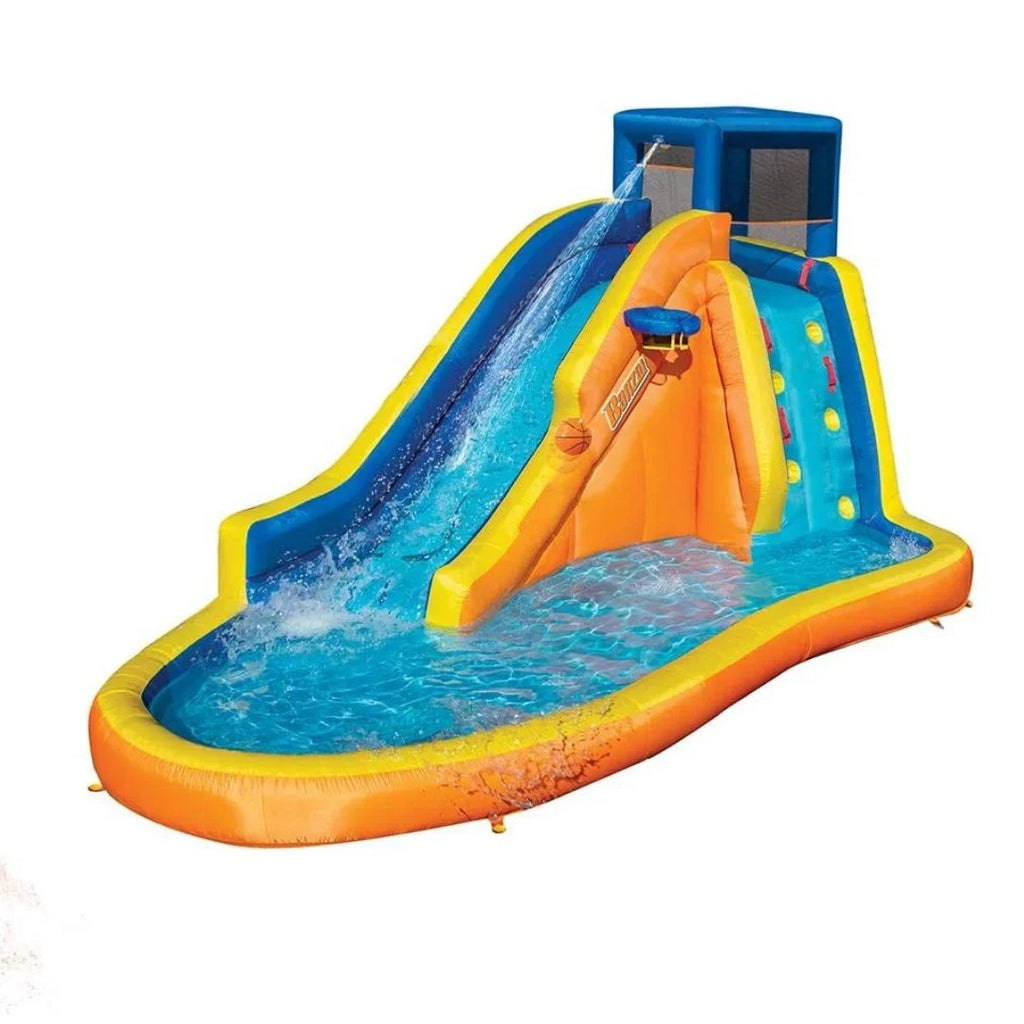 Banzai Inflatable Water Sizelide - Huge Kids Pool (14 Feet Long by 8 Feet High) with Built in Sizeprinkler Wave and Basketball Hoop