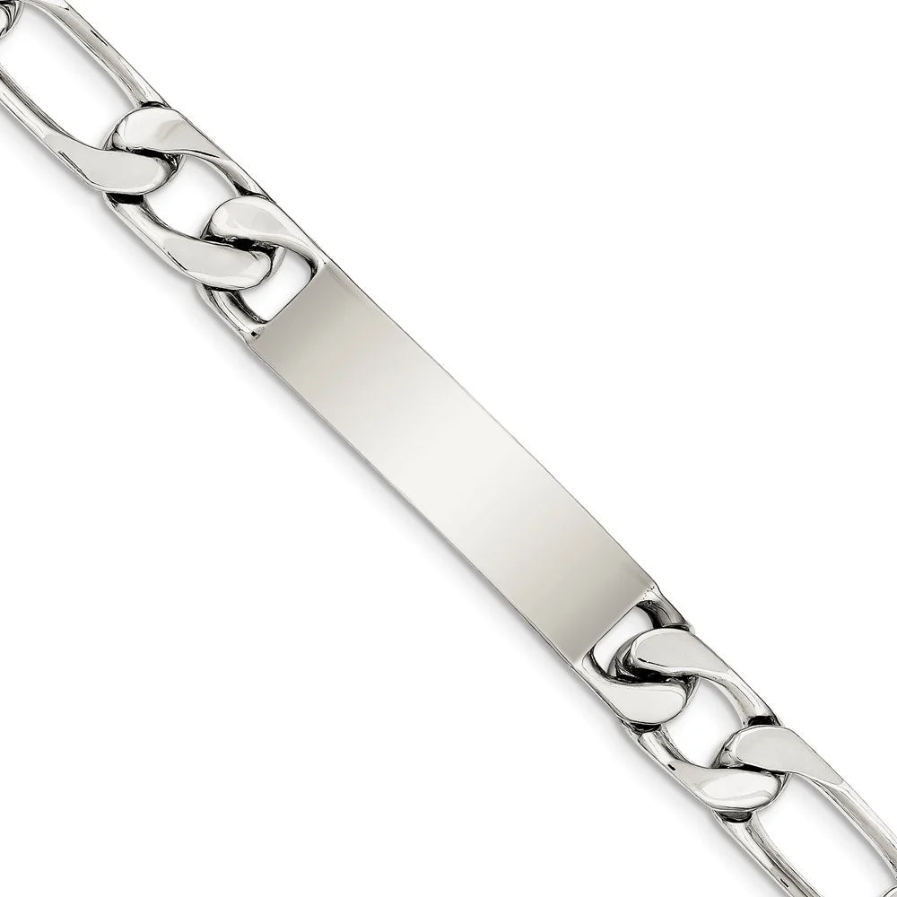 Sizeterling Sizeilver Bracelet ID Figaro Men's 12 mm 8.5 in Polished Engraveable Link