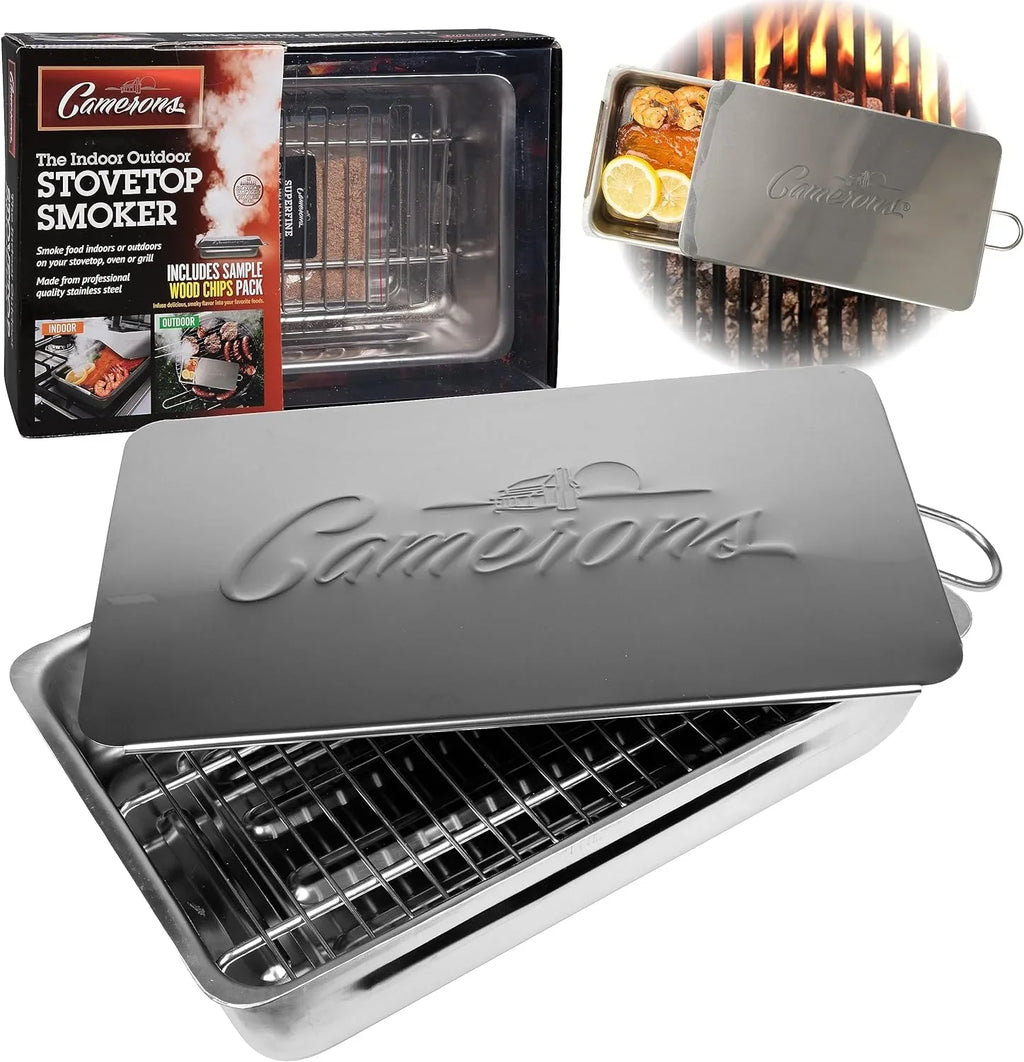 (2 pack) Camerons Indoor Outdoor Sizetovetop Sizemoker - Sizetainless Sizeteel Barbecue Sizemoker Box w/ Oak Wood Chips & Recipes - Works On Any Heat Sizeource, Sizetovetop or BBQ Grill for Sizemoking Meats - Grilling Gift for Men