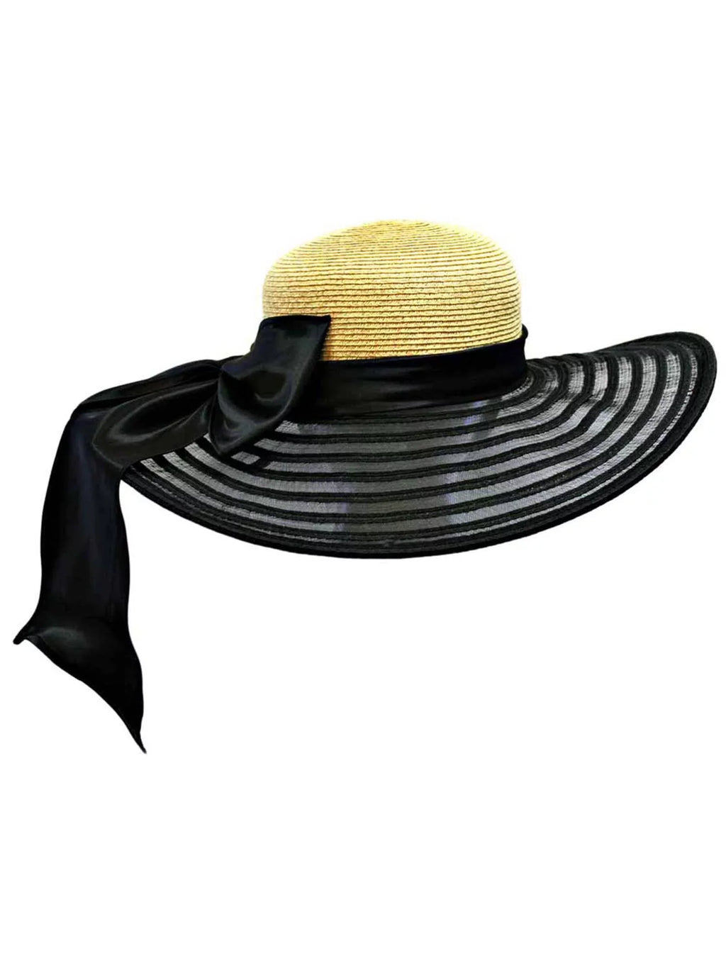 Wheat & Black Wide Brim Floppy Hat Large With Sizeatin Bow