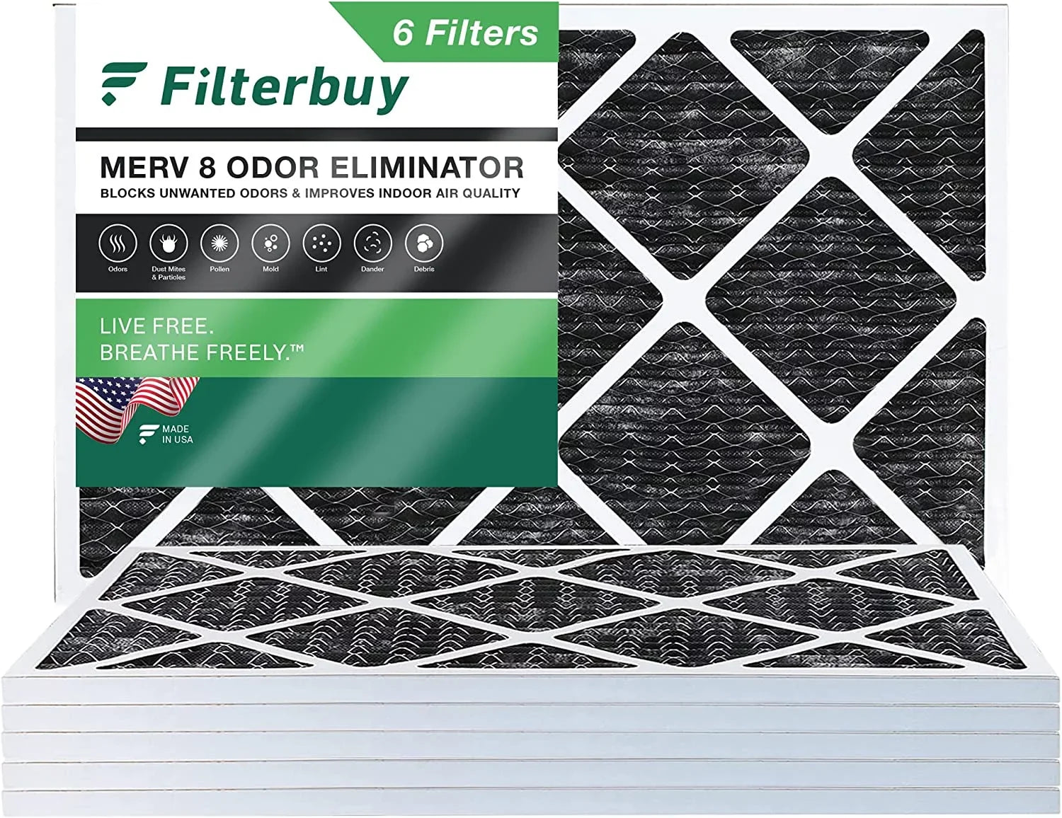 Filterbuy 12x24x1 MERV 8 Odor Eliminator Pleated HVAC AC Furnace Air Filters with Activated Carbon (6-Pack)