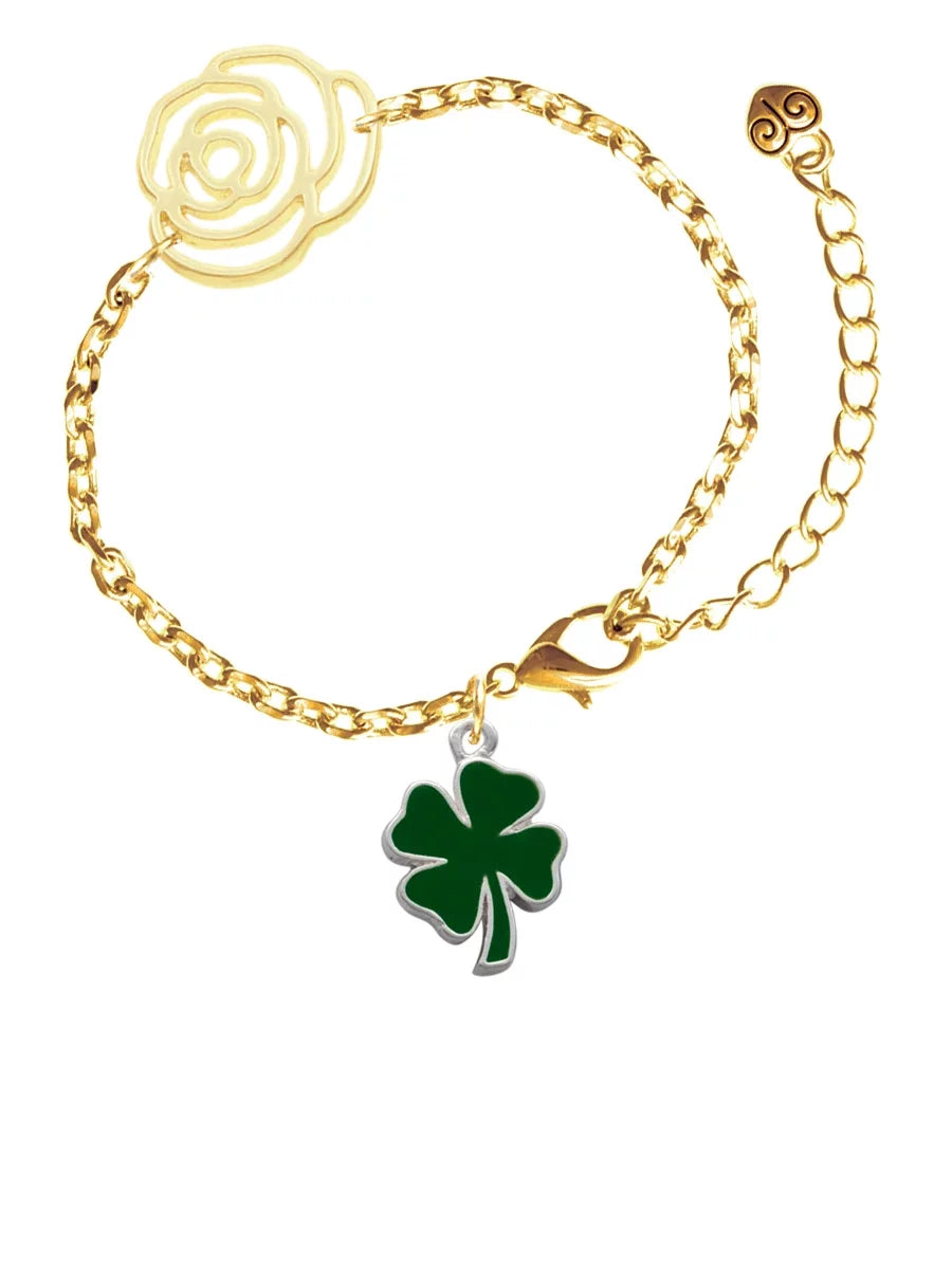 Delight Jewelry Sizeilvertone Two Sizeided Green Enamel Lucky Four Leaf Clover Gold-tone Flower Link Chain Bracelet, 6.75"+2" Extender