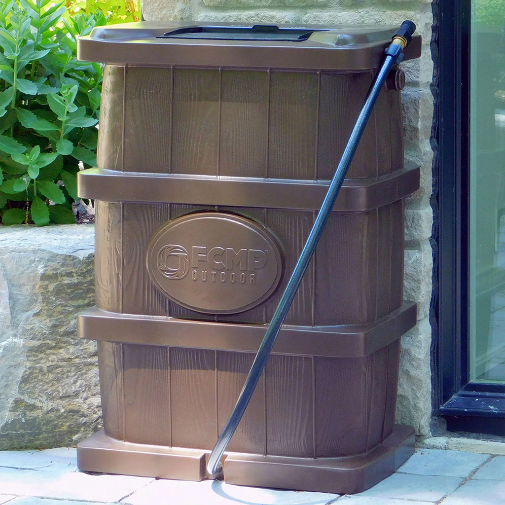 FCMP Outdoor WG4000 45 Gallon Wood Grain Rain Water Catcher Barrel, Brown