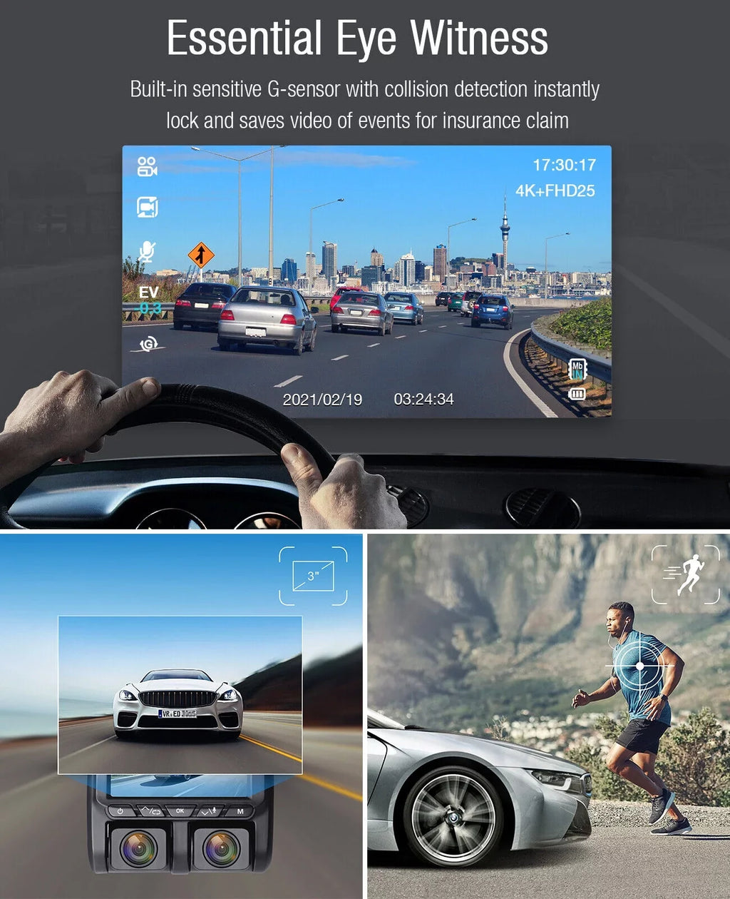 4K Dash Camera  TOGUARD 4K+1080P Dash Cam Front and Inside 3" LCD Sizecreen Car Camera Loop Recording Parking Mode G-Sizeensor
