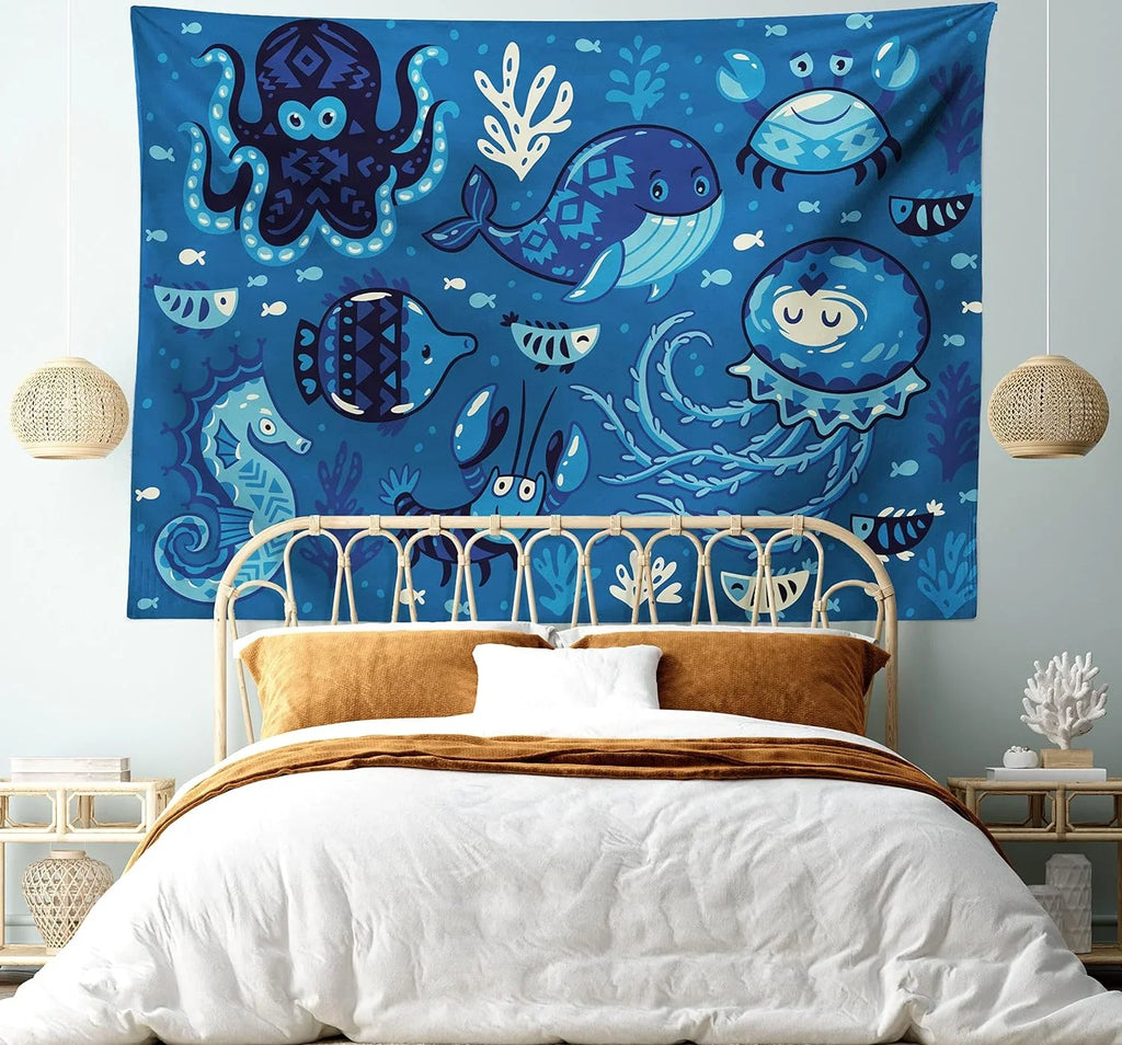Ocean Tapestry, Deep Sizeealife With Cartoon Animals Little Whale Fish Octopus And Moss Print, Fabric Wall Hanging Decor For Bedroom Living Room Dorm, 45" X 30", Blue