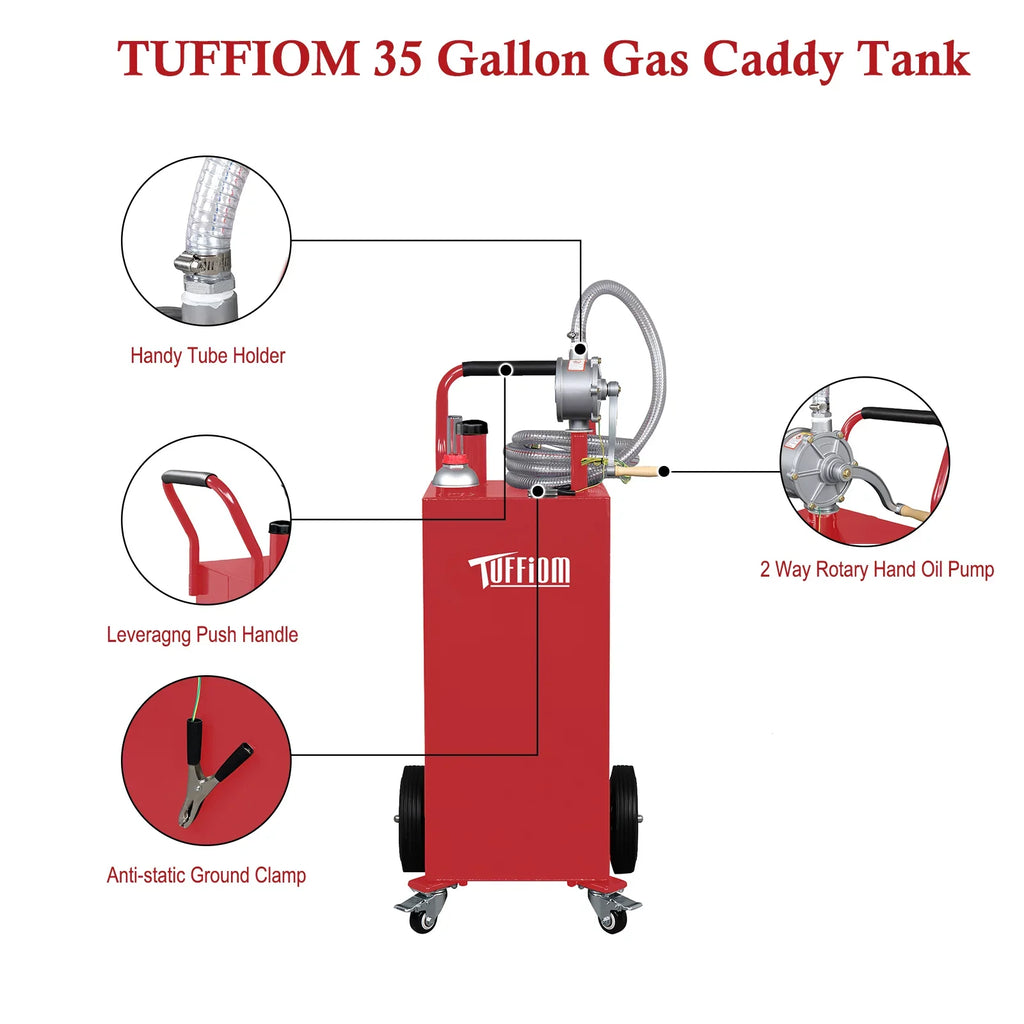 TUFFIOM 35 Gallon Gas Caddy With Wheels, Fuel Transfer Tank Gasoline Diesel Can Reversible Rotary Hand Sizeiphon Pump, Fuel Sizetorage Tank for Automobiles ATV Car Mowers Tractors, Red