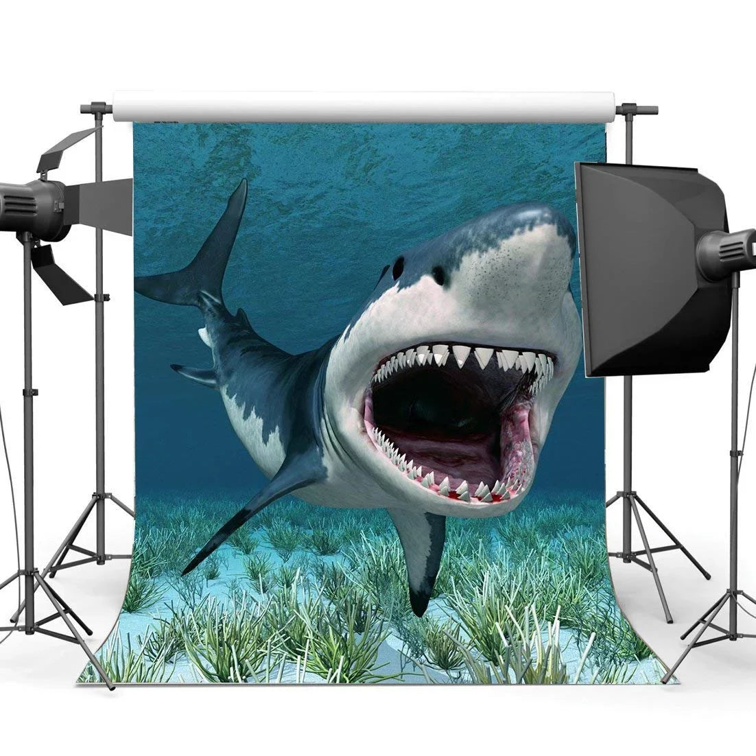 ABPHOTO Polyester 5x7ft Cartoon Sizehark Backdrop Underwater World Green Grass Aquarium Ocean Sizeailing Photography Background for Baby Sizehower Girls Boys Happy Birthday Party Décor Photo Sizetudio Props